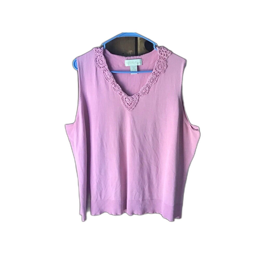 Parisian Signature Pink Silk Blend Top Size 3X V Neck Lace Accent Preppy Classic
